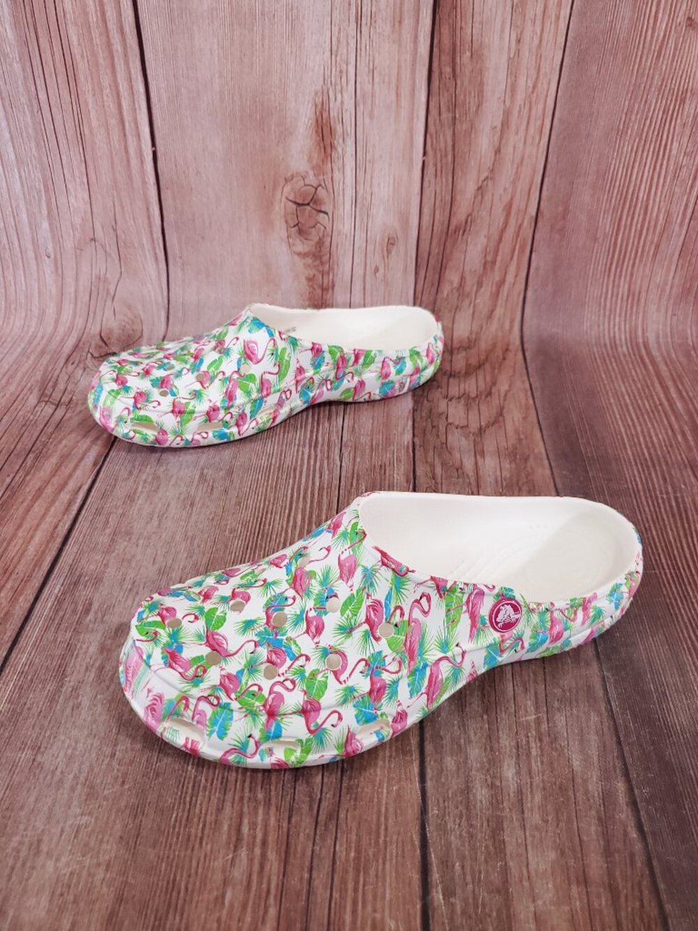 Crocs Womens 8 Freesail Fun Clogs Flamingo Tropical Shoes Slip On Mules Sandals